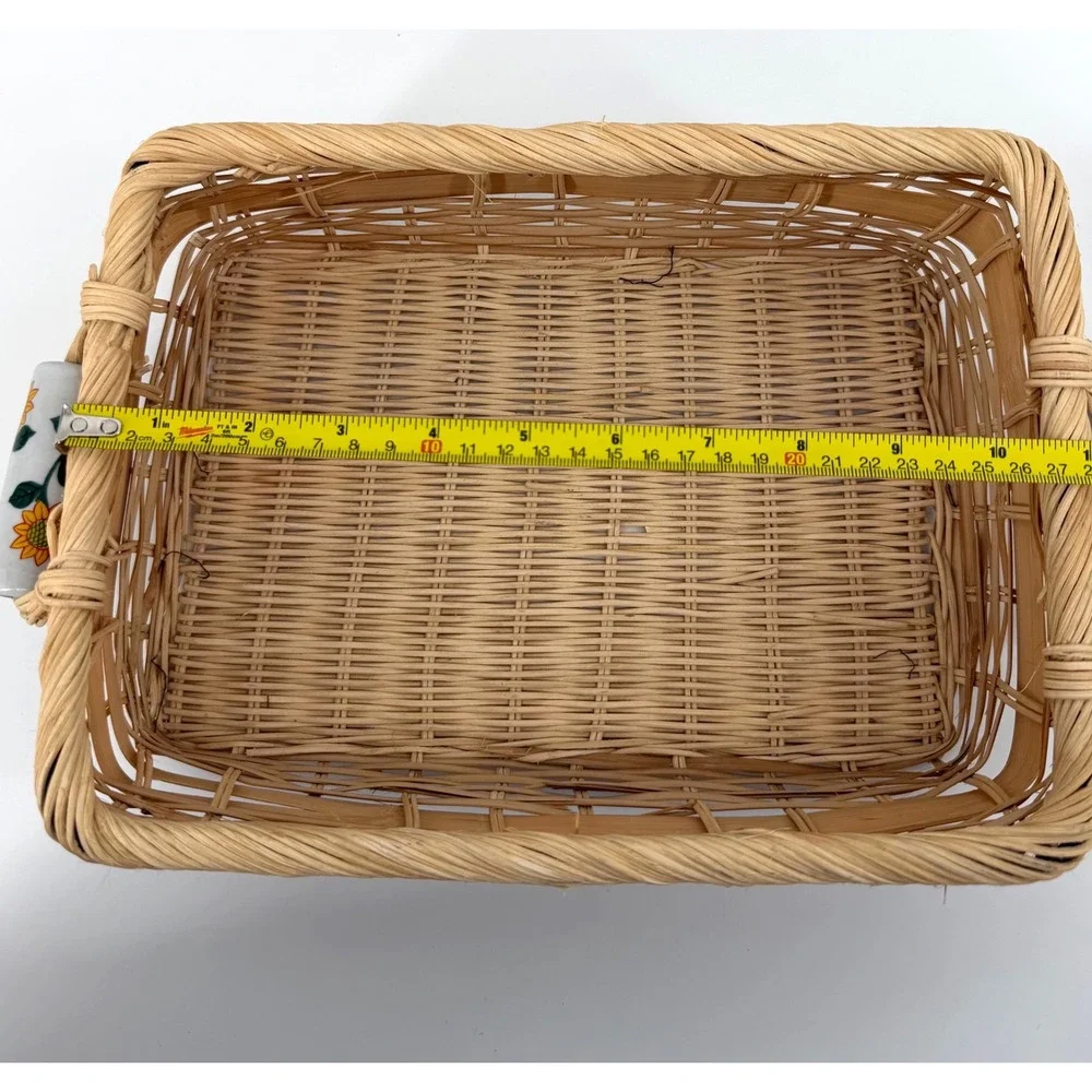 Vintage Sunflower Woven Basket Tray Ceramic Handles Cottagecore Kitchen Decor